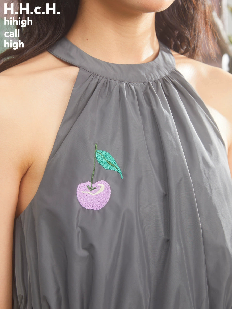 Cherry Embroidery Drawstring Halter Vest & Skirt