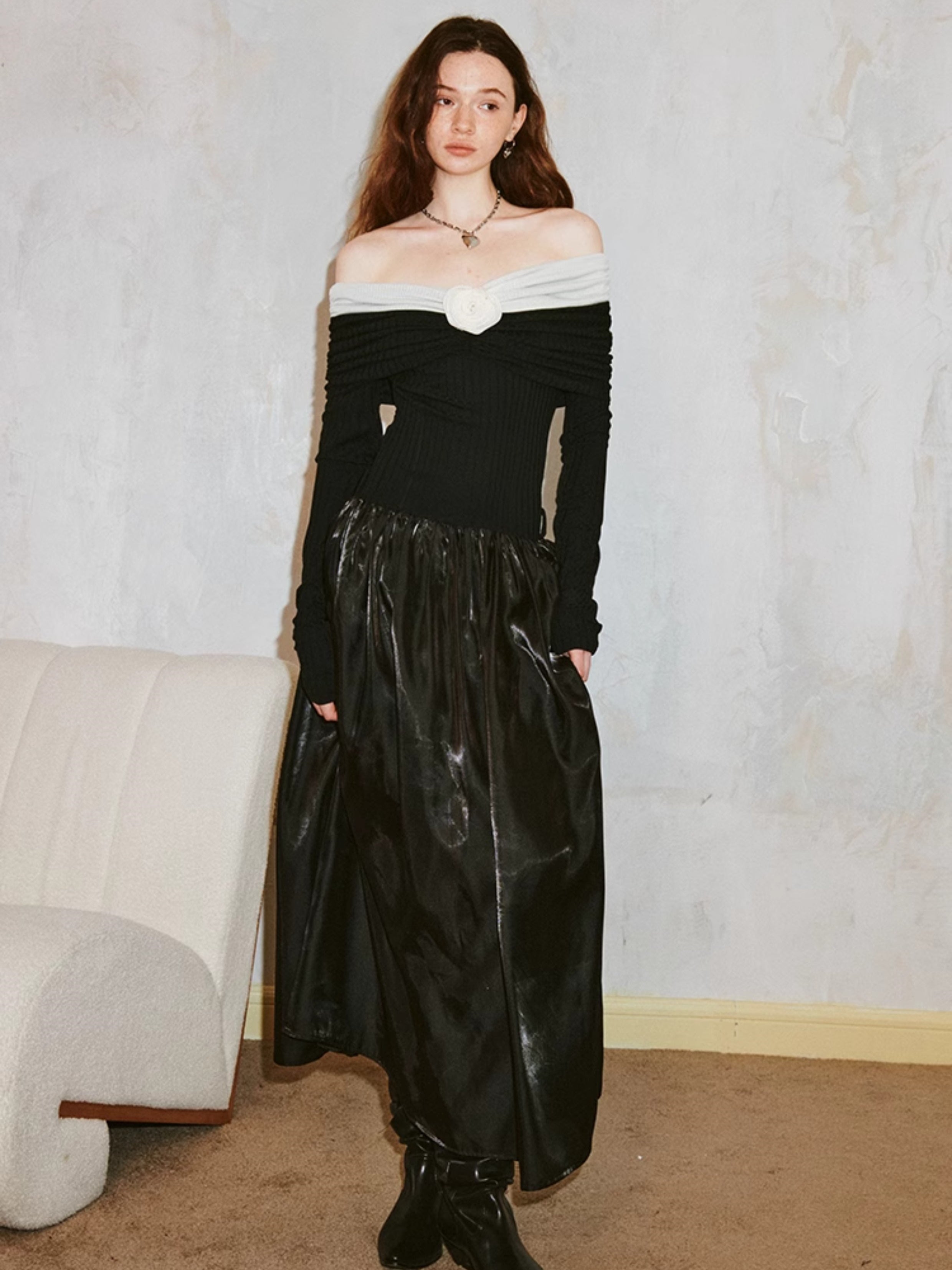 Elegant Off-shoulder Three-dimensional Rose Splicing Dress