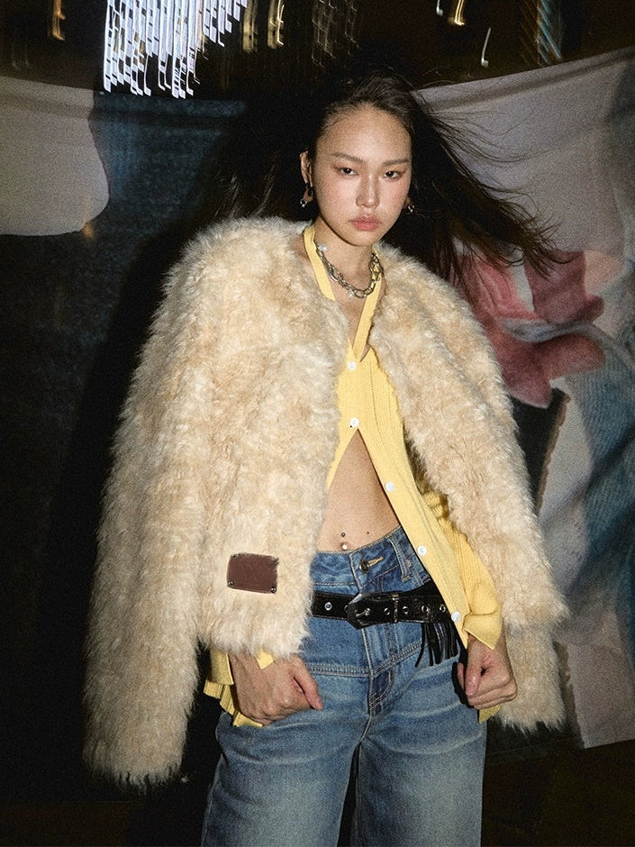 컬 둥근 목 모피 재킷