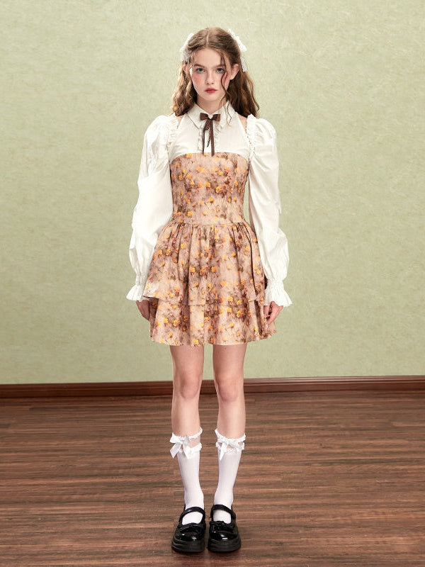 Retro Oil Painting Floral Sweet Dress & Sleeve Bolero