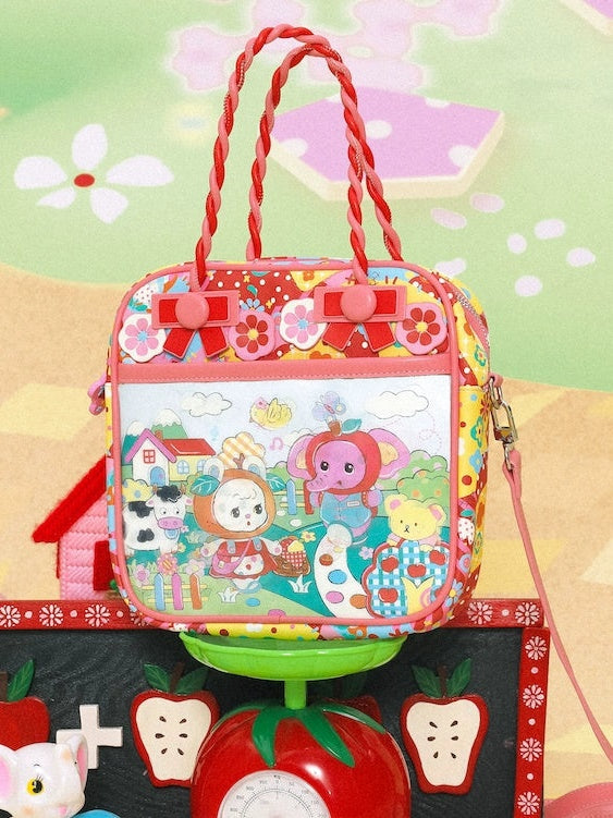 격자 무늬 플래시 카드 풍경 PU 트위스트 핸드백