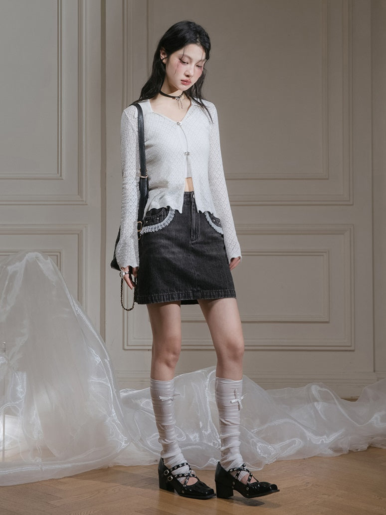 Hollow Short Knitted Cardigan & Camisole Set-up