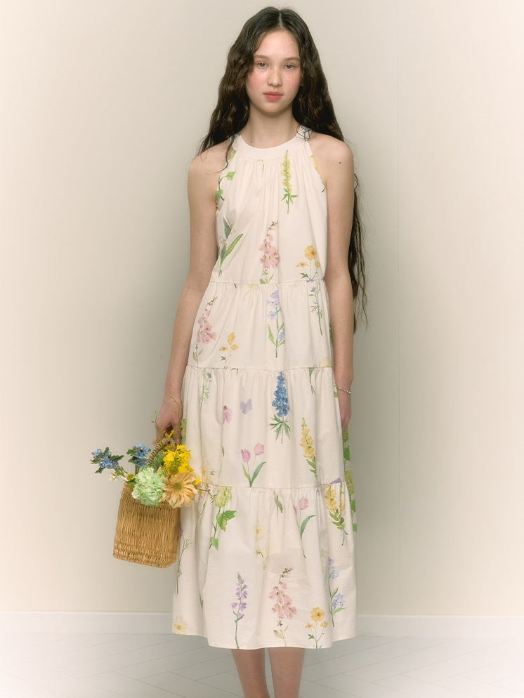 French Retro Girly Print Pleated A-line Halterneck Long Dress