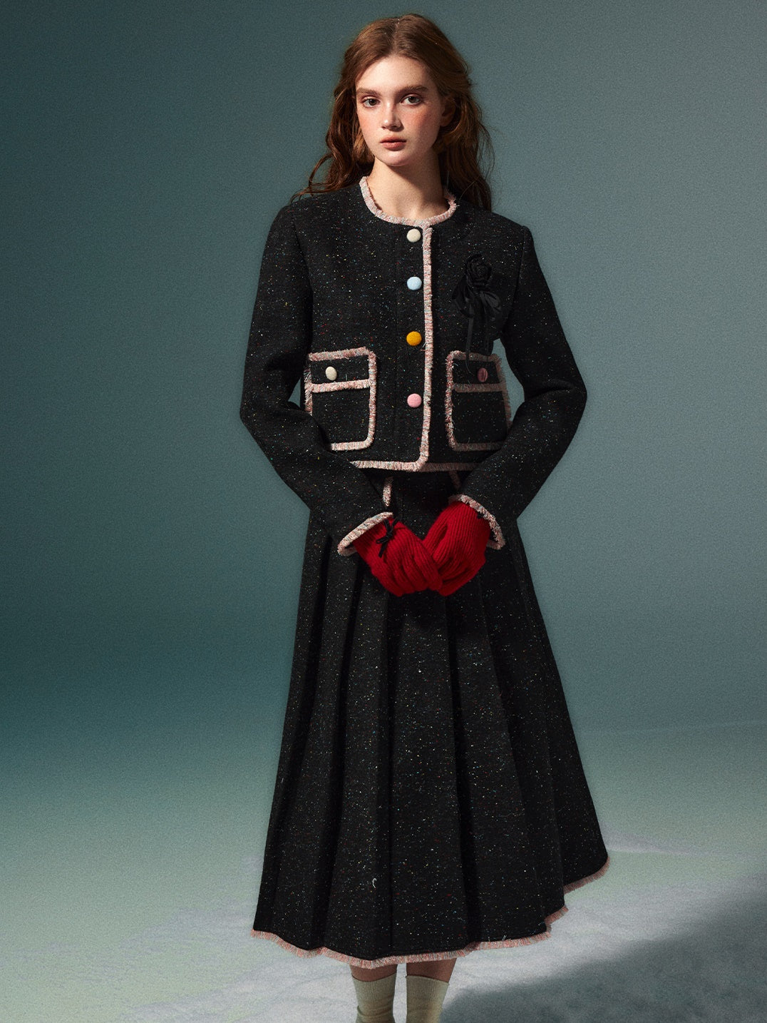 Colorful Dot No Collar Jacket & Pleated Skirt