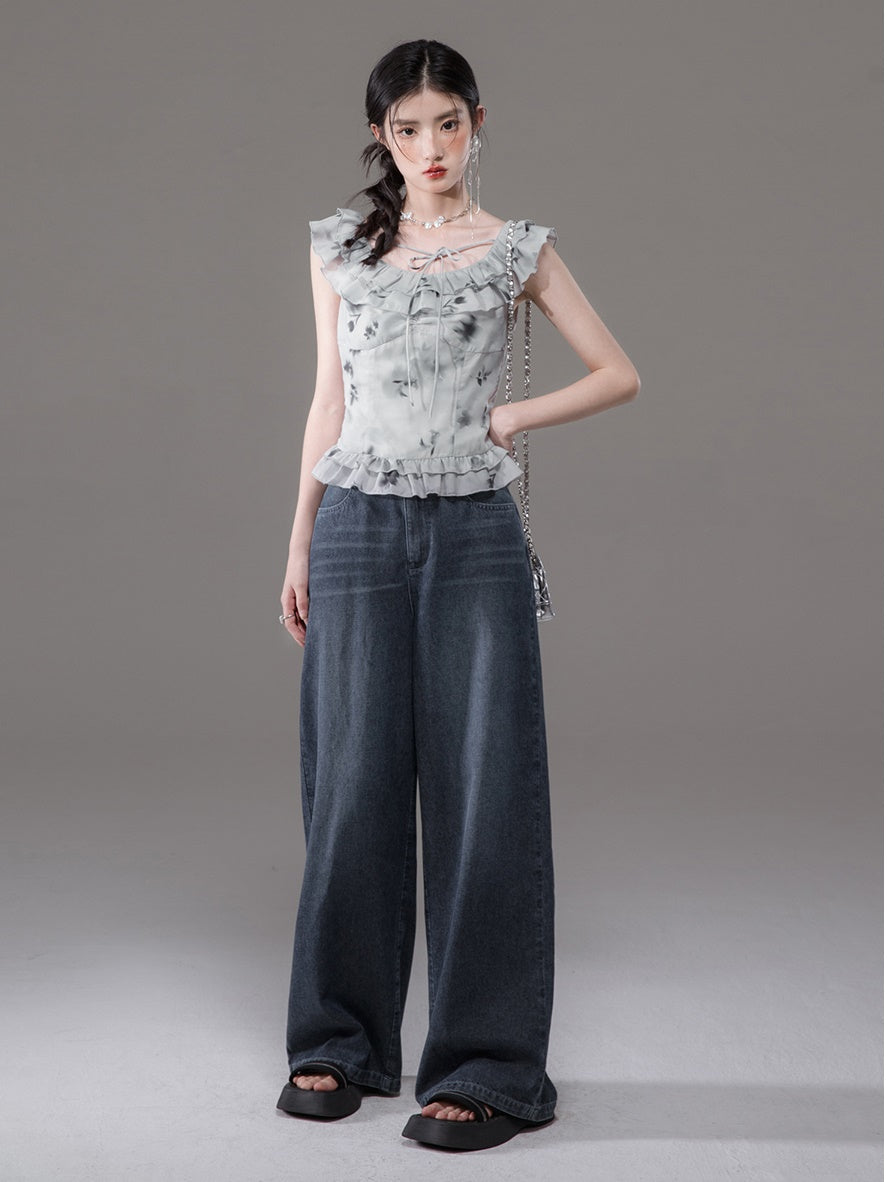 Tulip Mist Ash Ruffled Sleeveless Top & Irregular Hem Skirt Set-up