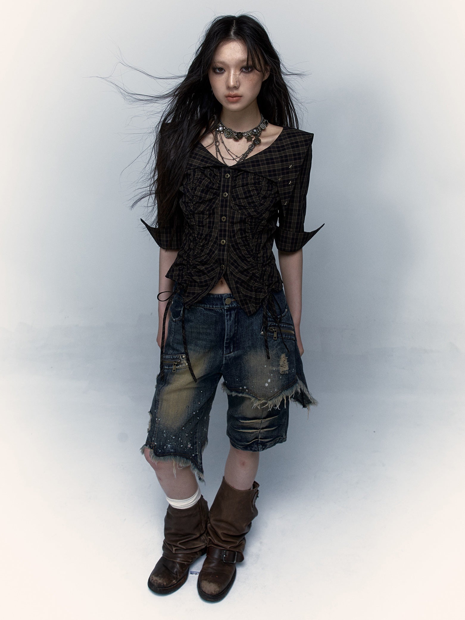 Palace Distressed Pleated Plaid Short Mid-sleeve Shirt