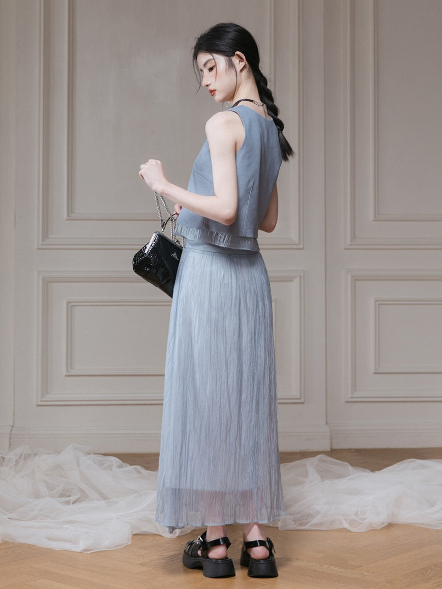Frill Stitch U-neck Vest & Gauze Long Skirt Set-up