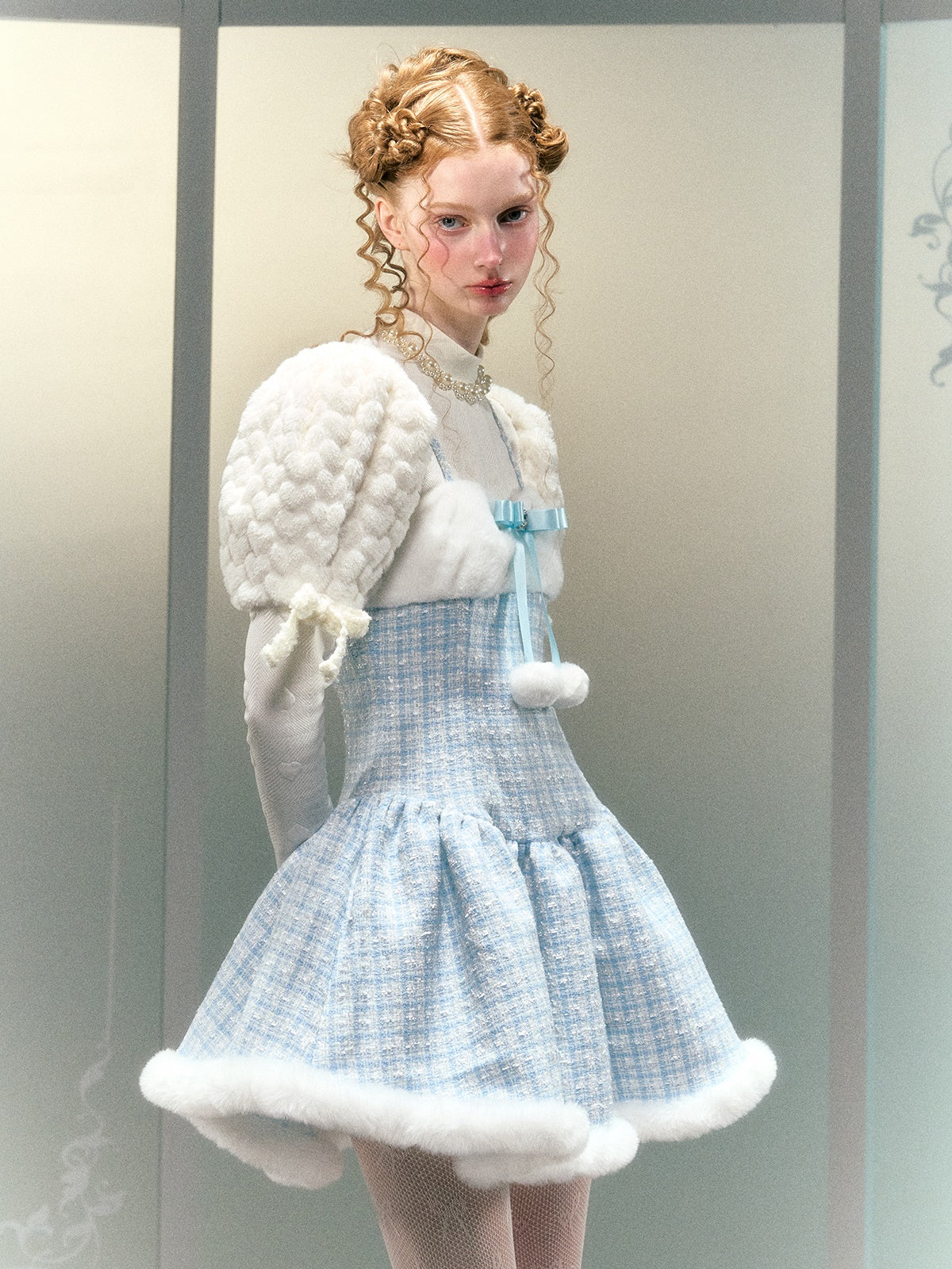 Snow Princess Bow Fur Ball Suspender Dress