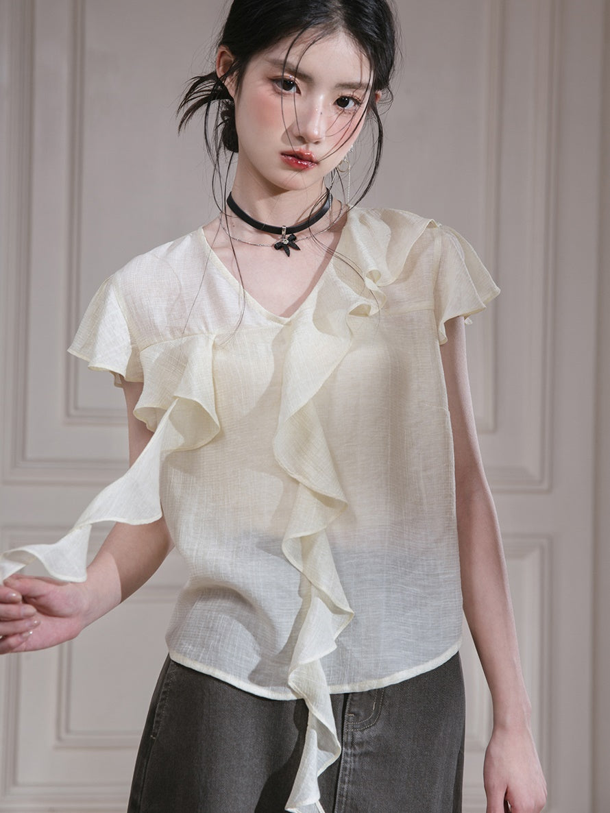 Romantic Curve Ruffle Chiffon Shirt & Tube Top Set-up