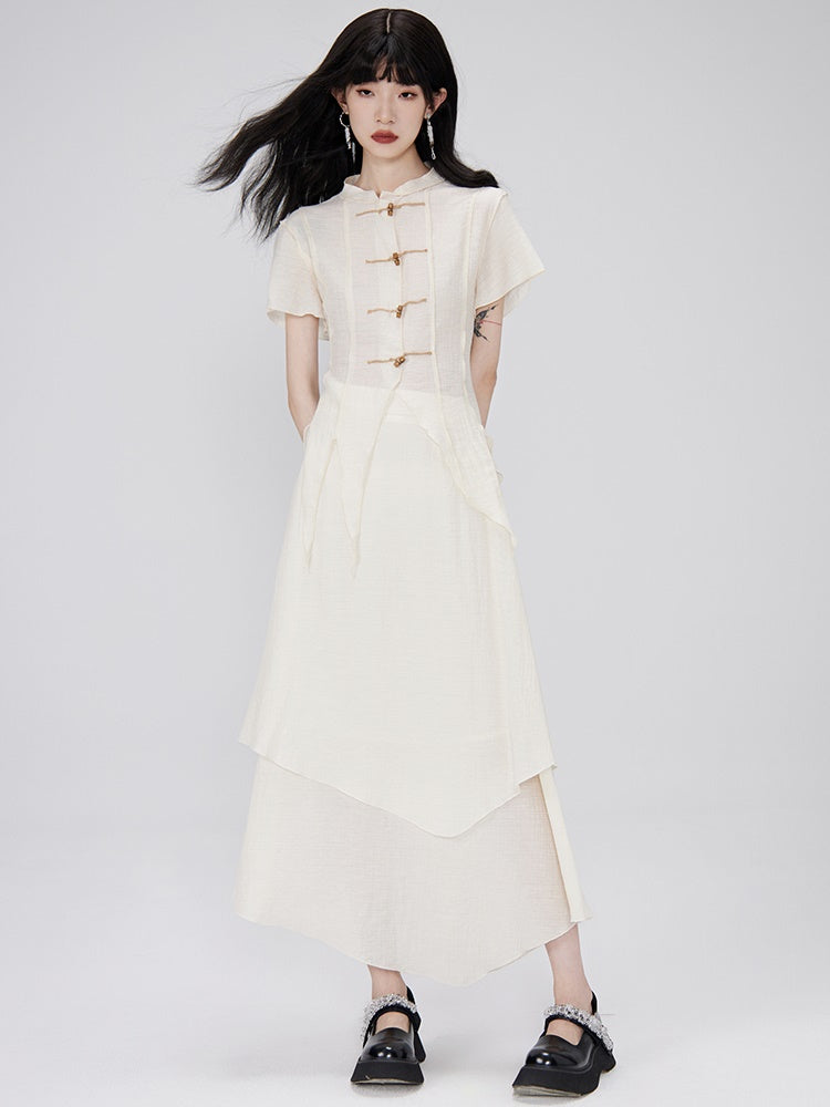 Irregular Hem Sheer Shirt & Layered Design Skirt