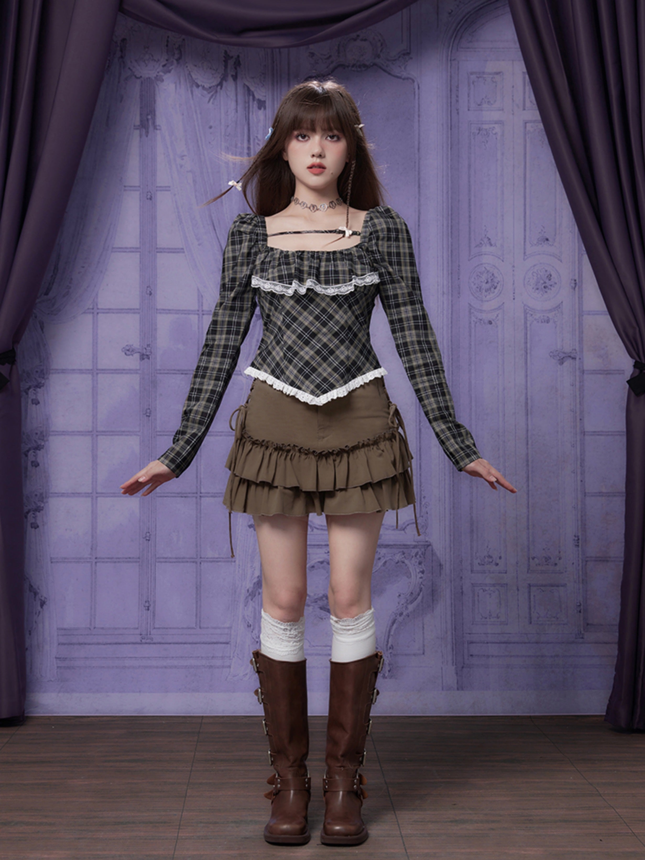 사각형 칼라 격자 무늬 긴팔 셔츠