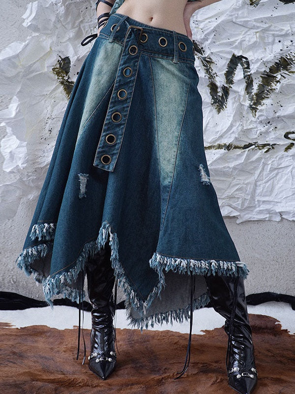 Fringed Irregular Hem Denim Circular Skirt