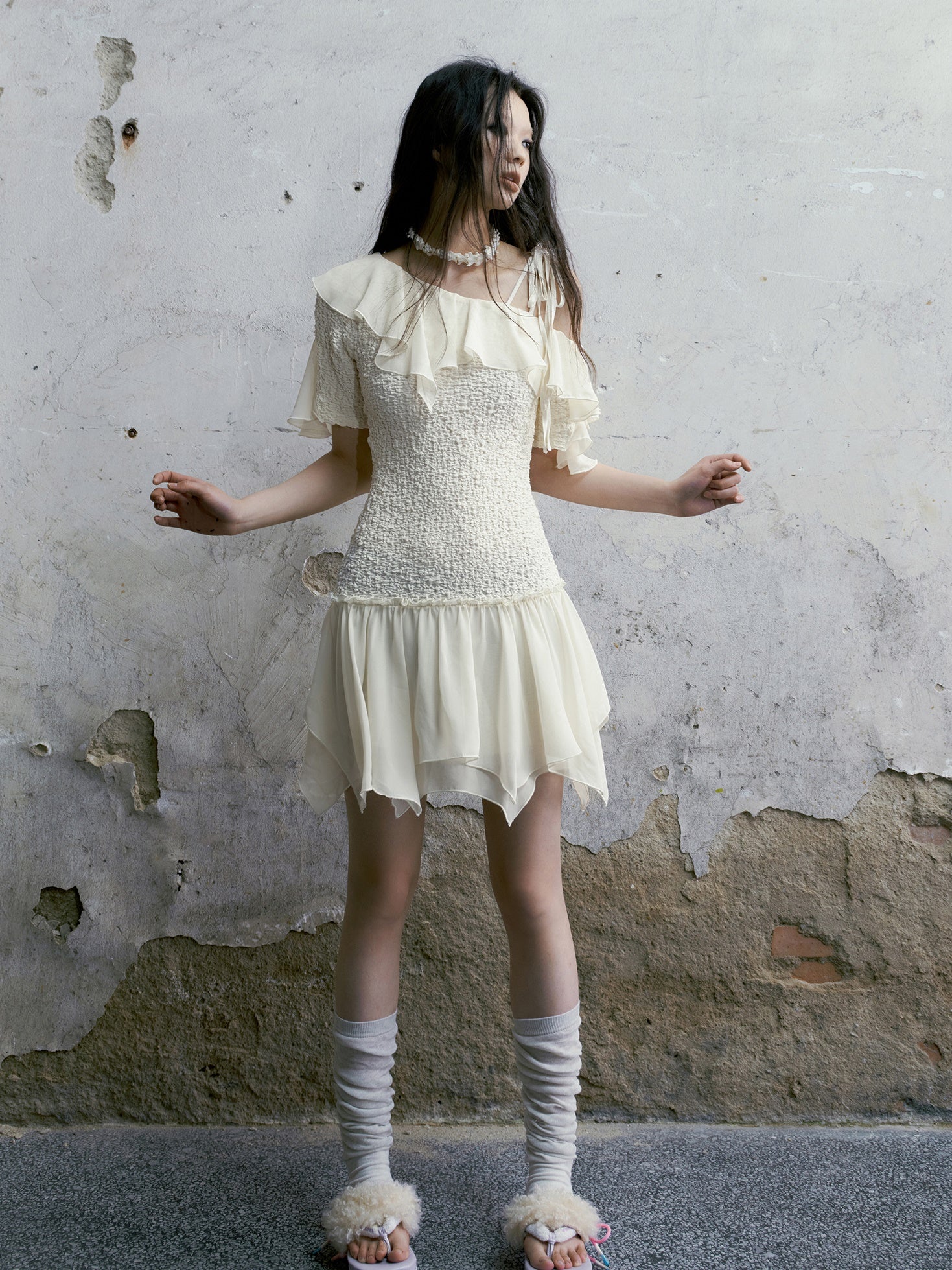 One-Shoulder Washer Frill Dress