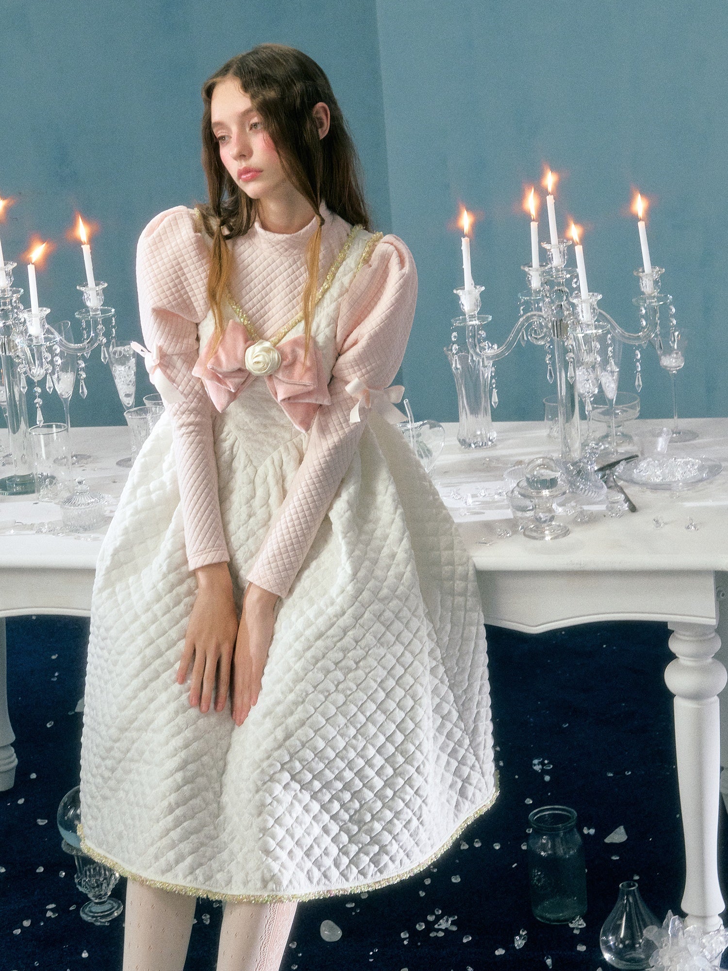 Lace Bow Flower Decoration Padded Suspender Dress & Puff Sleeve Top