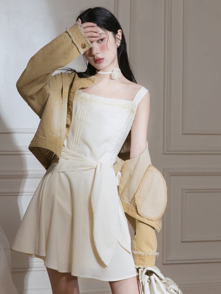 끈적 끈적한 활 디자인 짧은 드레스