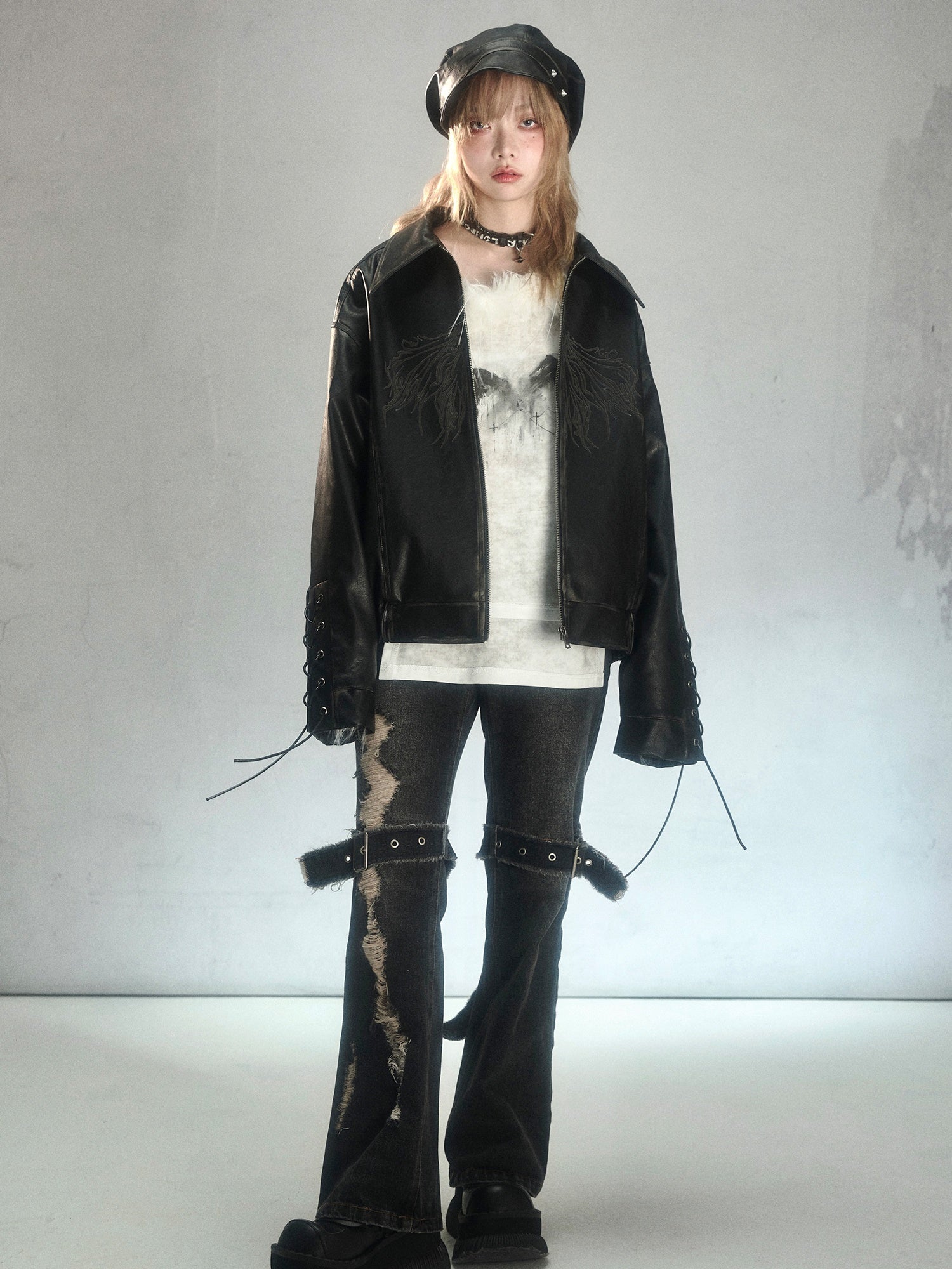 Veste en cuir lâche imprimé à l&