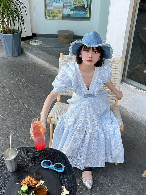 Hollow Lace Puff Sleeves Waistless Dress