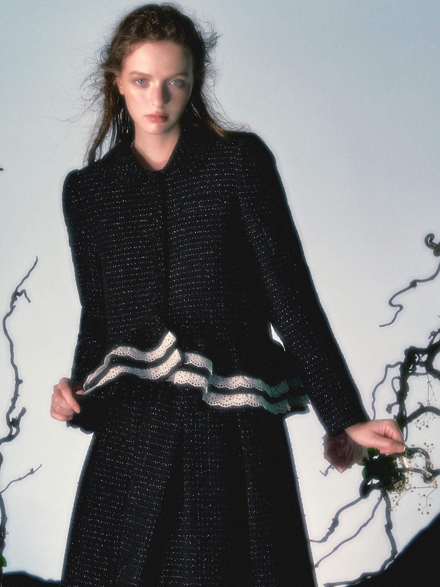 Irregular Lace Hem Jacket & Flare Pleated Skirt