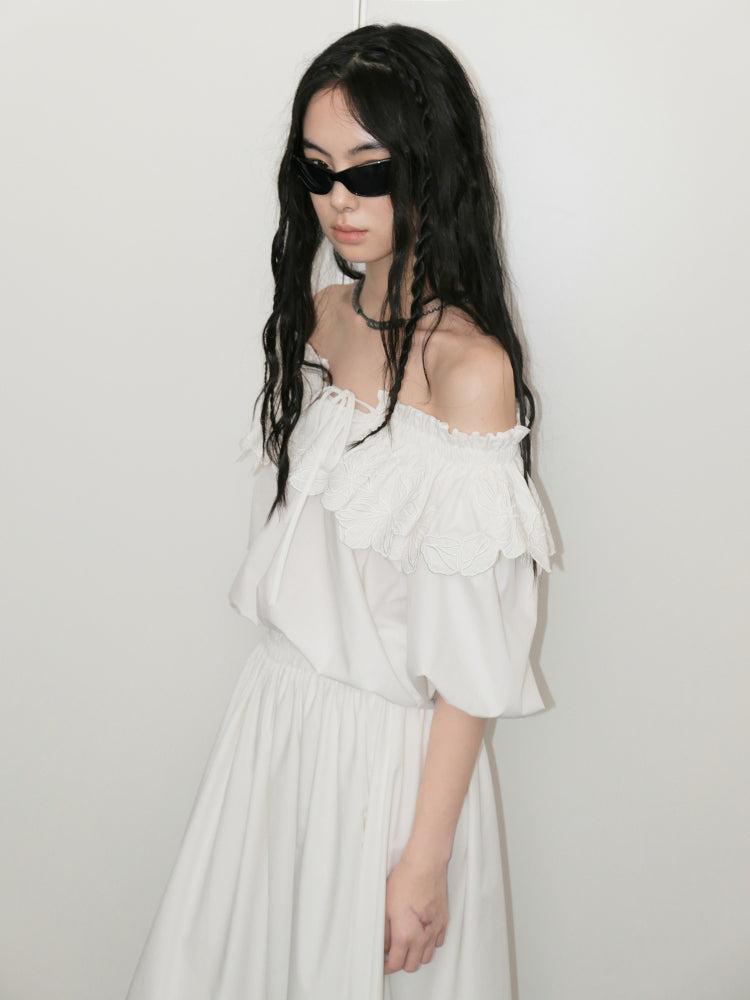 Carved Flower Lace Off-Shoulder Top & Embroidered Skirt