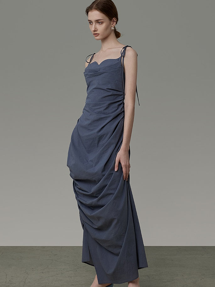 Curved Neckline Drape Suspender Dress