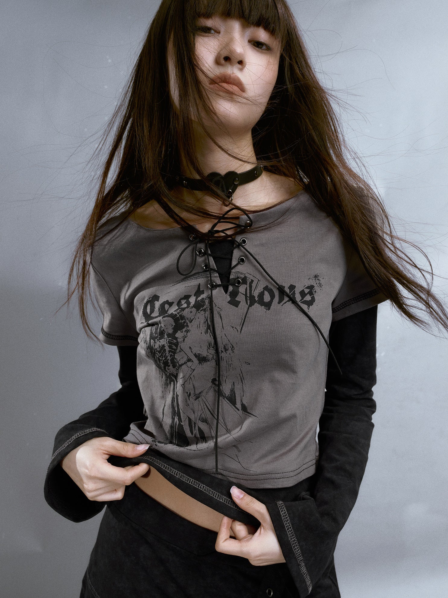 Fake 2Piece Lace-up Print Long T-Shirt