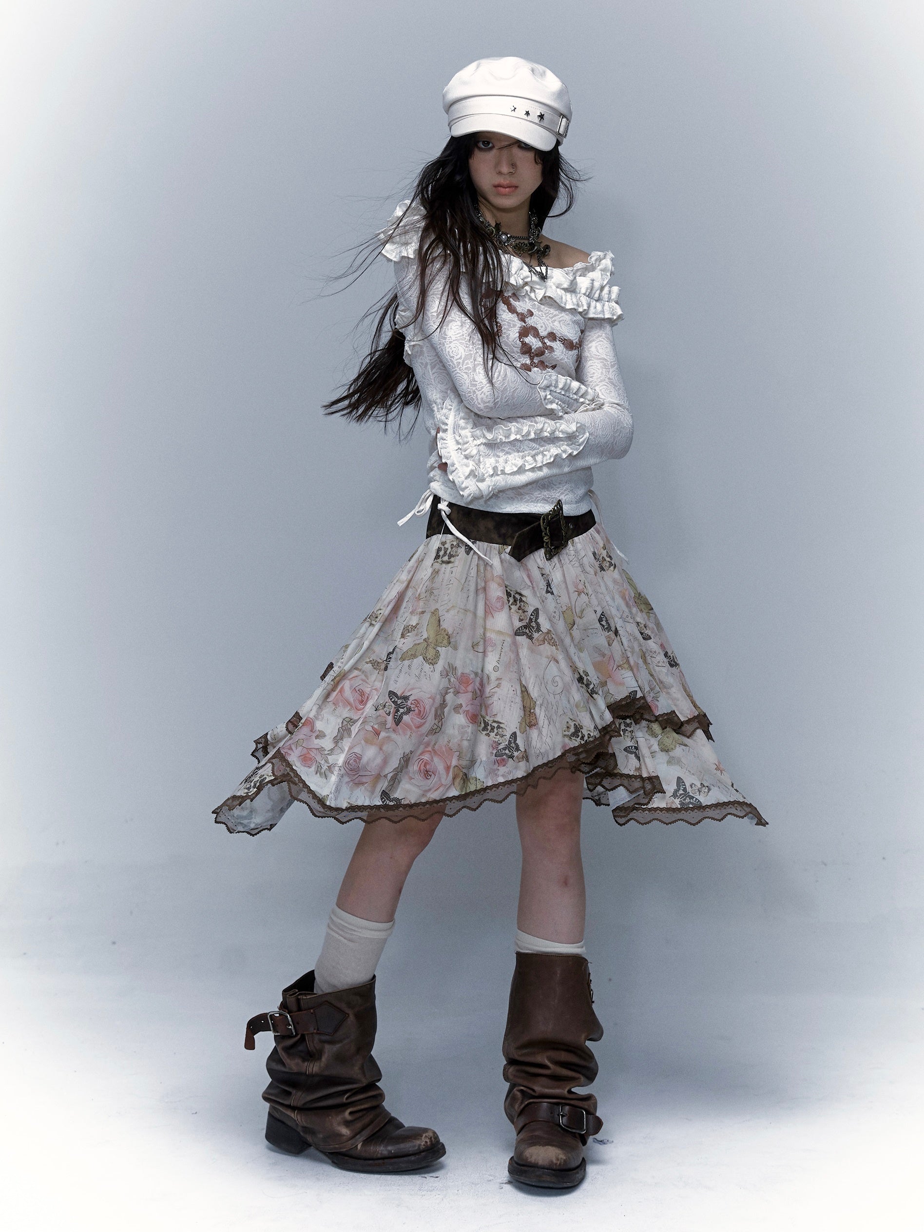 Retro Butterfly Print Splicing Irregular Skirt