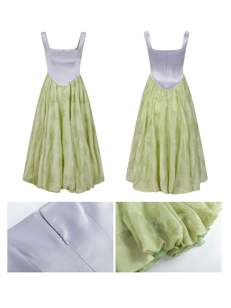 Color Matching Sleeveless Slim Waist Swing Puffy Dress