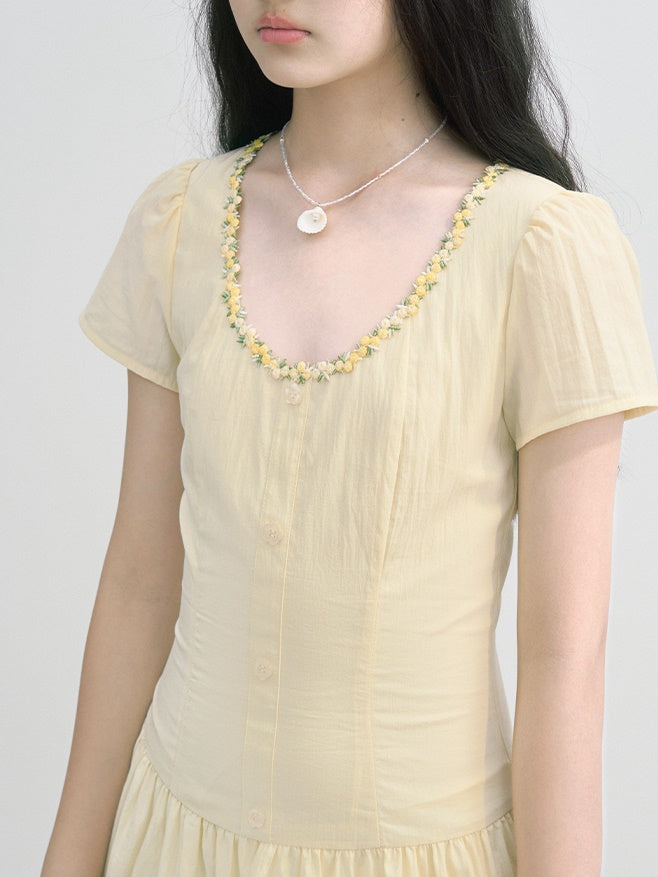 Flower Lace Stitch Wrinkled Short One-piece