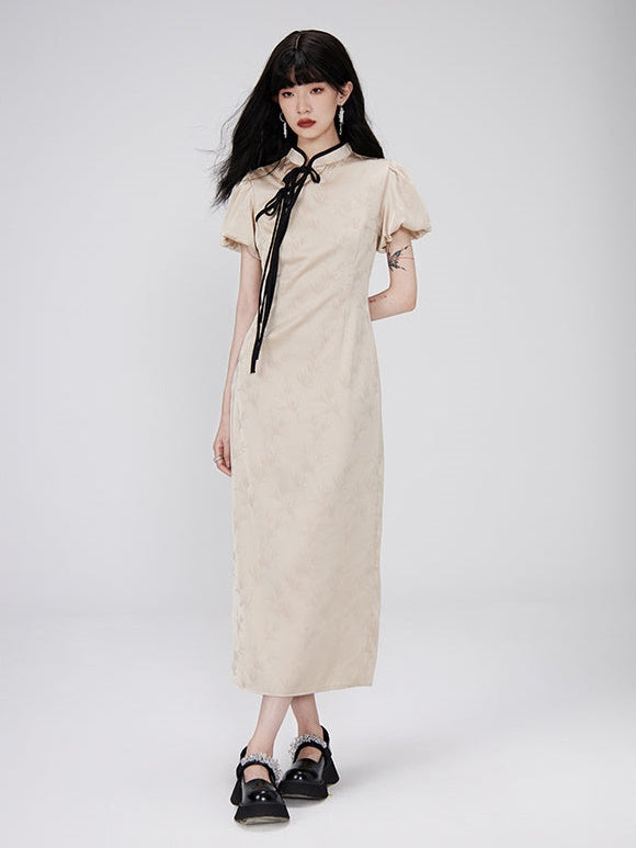 Color Trim Chinese Style Puff Sleeve Dress
