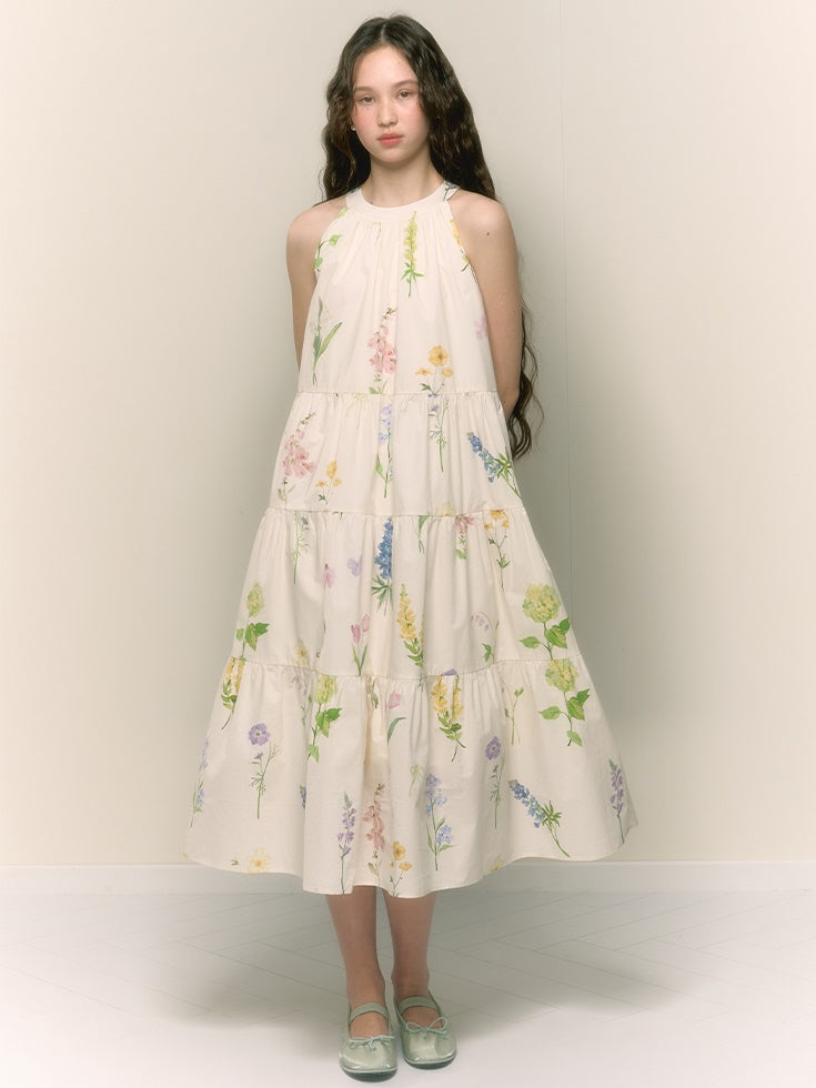 French Retro Girly Print Pleated A-line Halterneck Long Dress