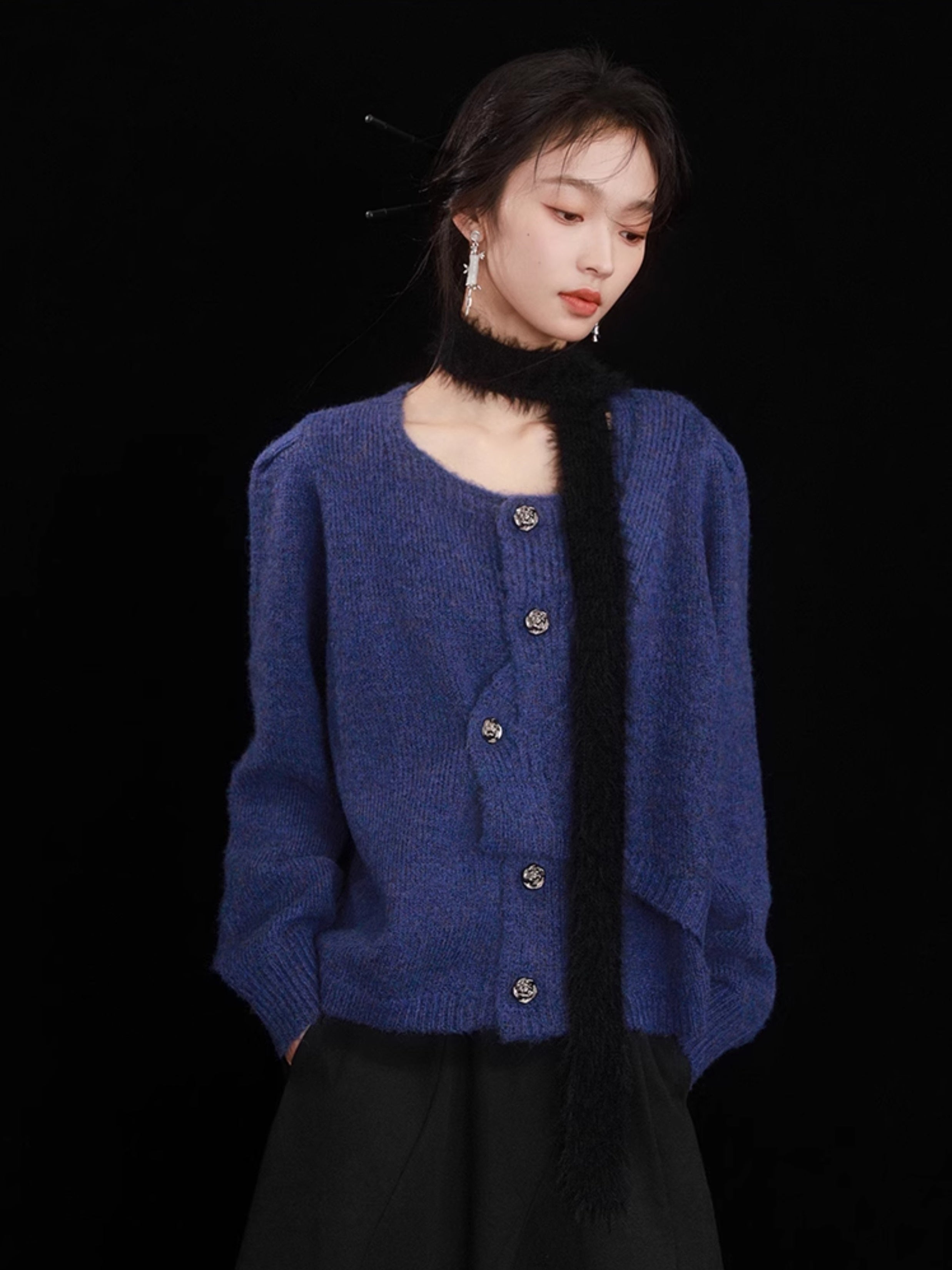 Irregular Button Round Neck Knitted Cardigan