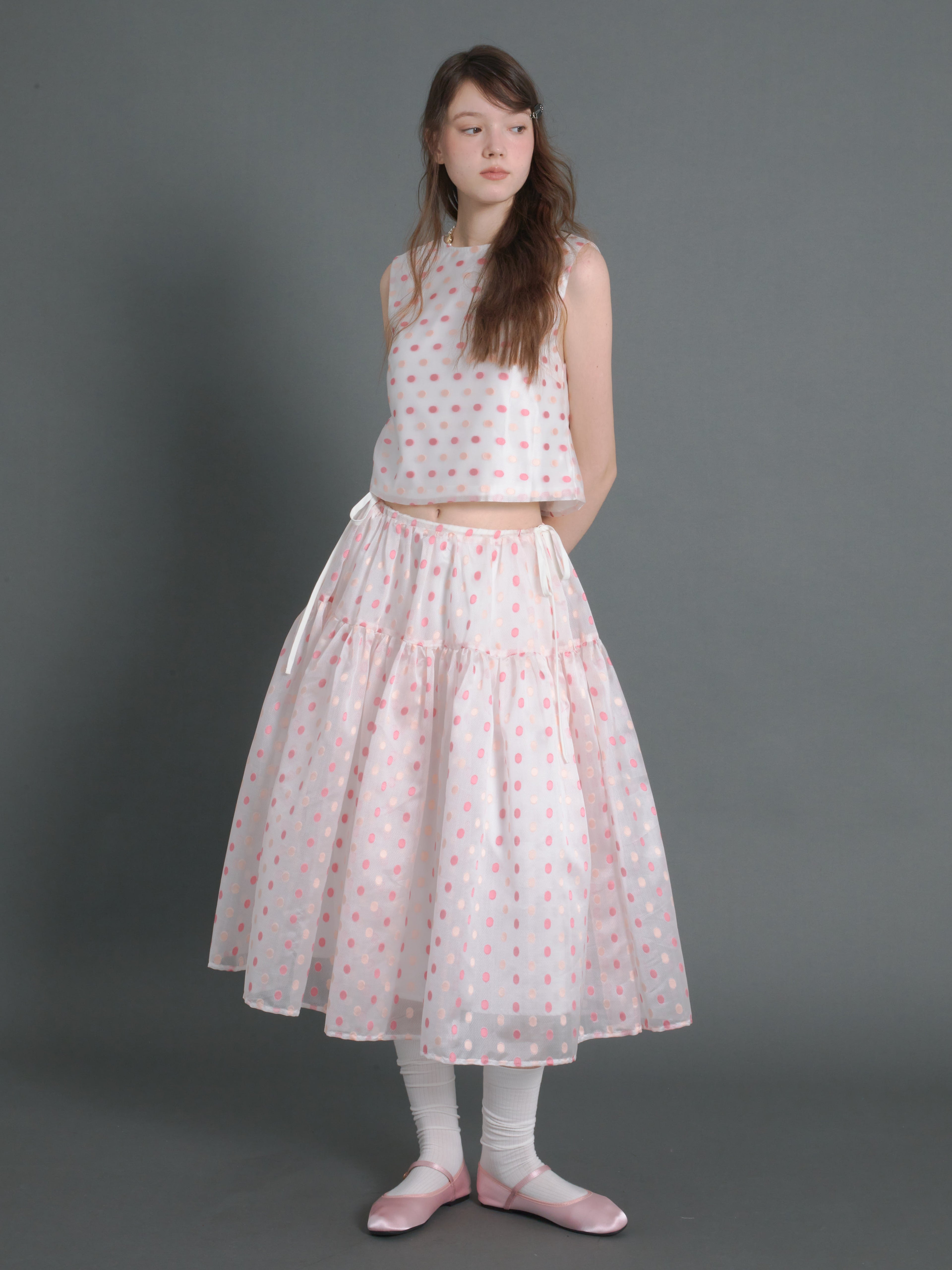 Polka Dot Sleeveless Back Ribbon Top & Gather Fluffy Skirt