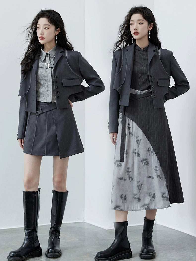 College Style Design Jacket & Pleated Skirt & Jacquard Shirt