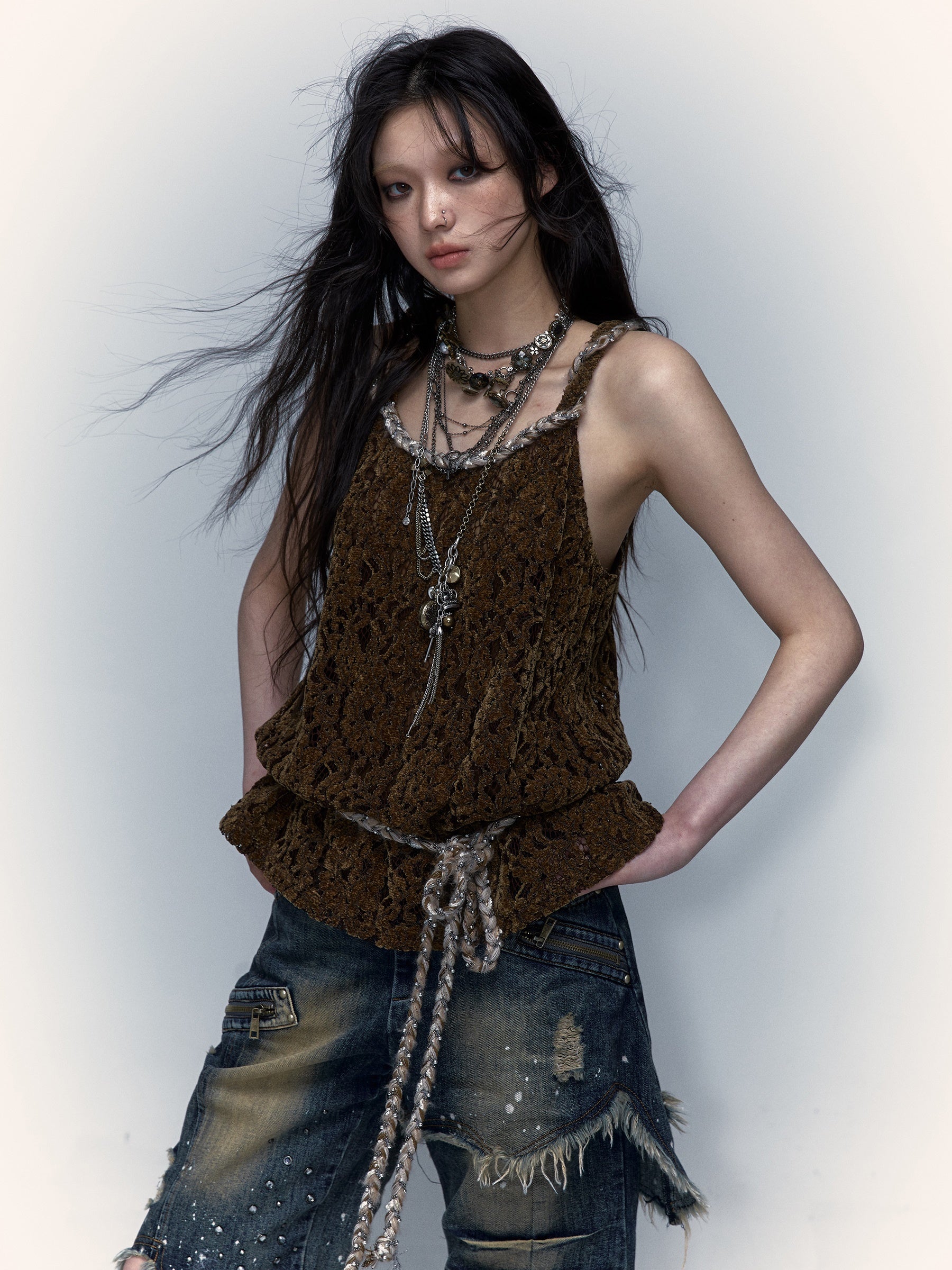 Hollow Loose Flocked Lace Camisole