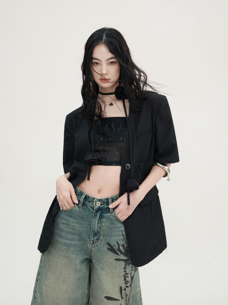 Carved Lace Embroidery Jacket & Camisole & Short Skirt