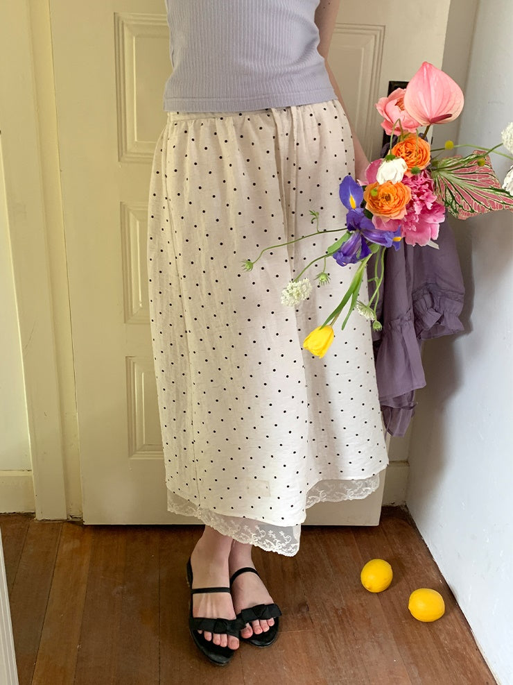 Polka Dot Lace Drawstring Elastic Waist Midi Skirt
