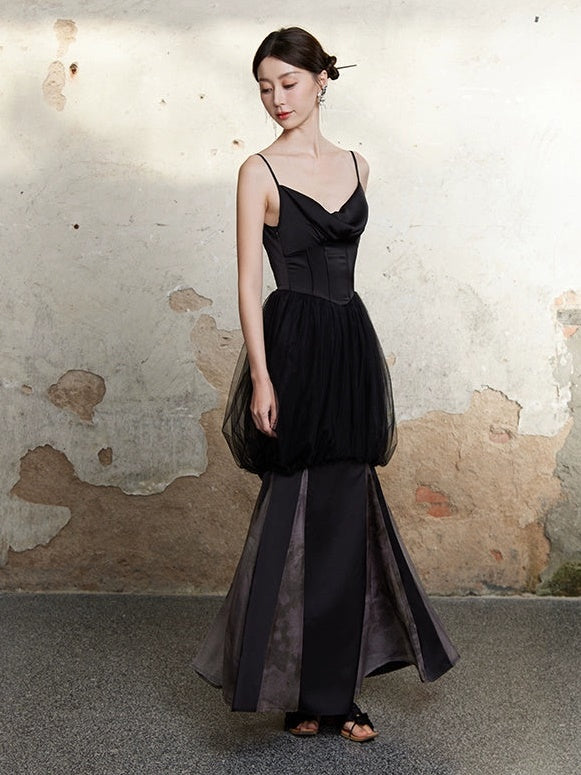 메쉬 꽃 새싹 미끄러짐 긴 드레스