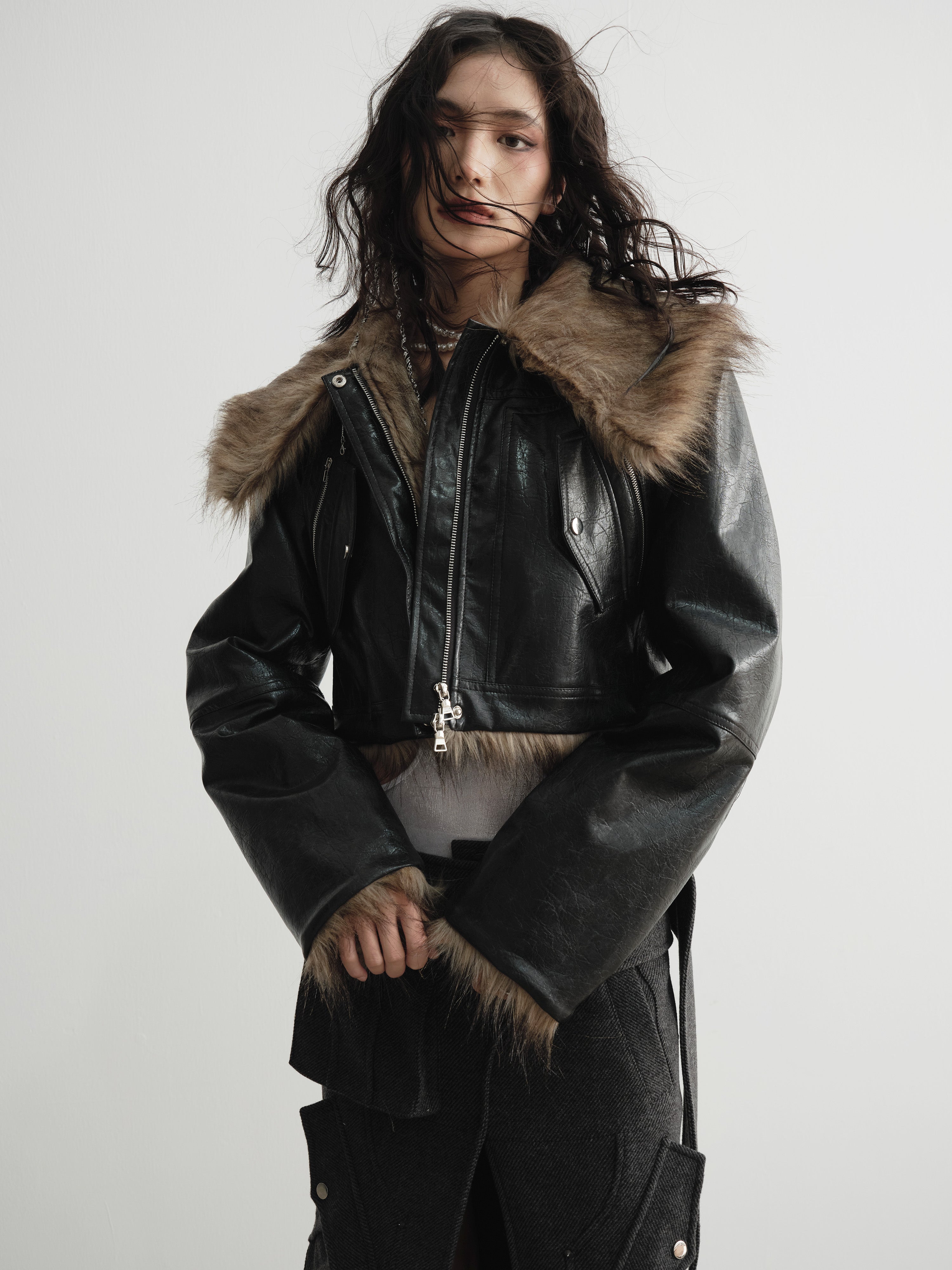 Imitation Fur Reversible PU Leather Short Jacket