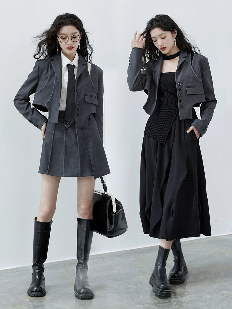 College Style Design Jacket & Pleated Skirt & Jacquard Shirt