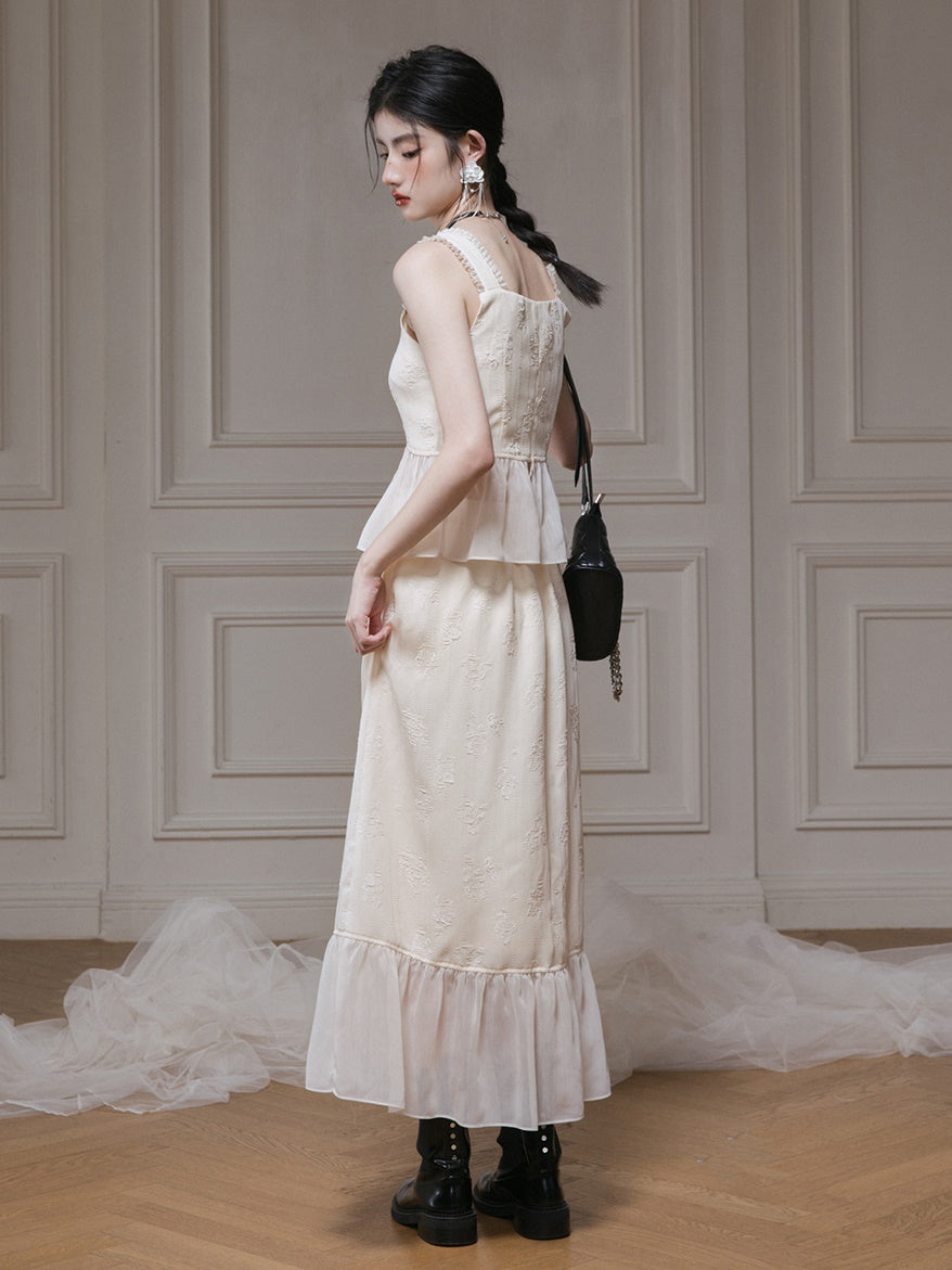 Jacquard Gauze Switching Camisole Top & Ruffle Skirt Set-up
