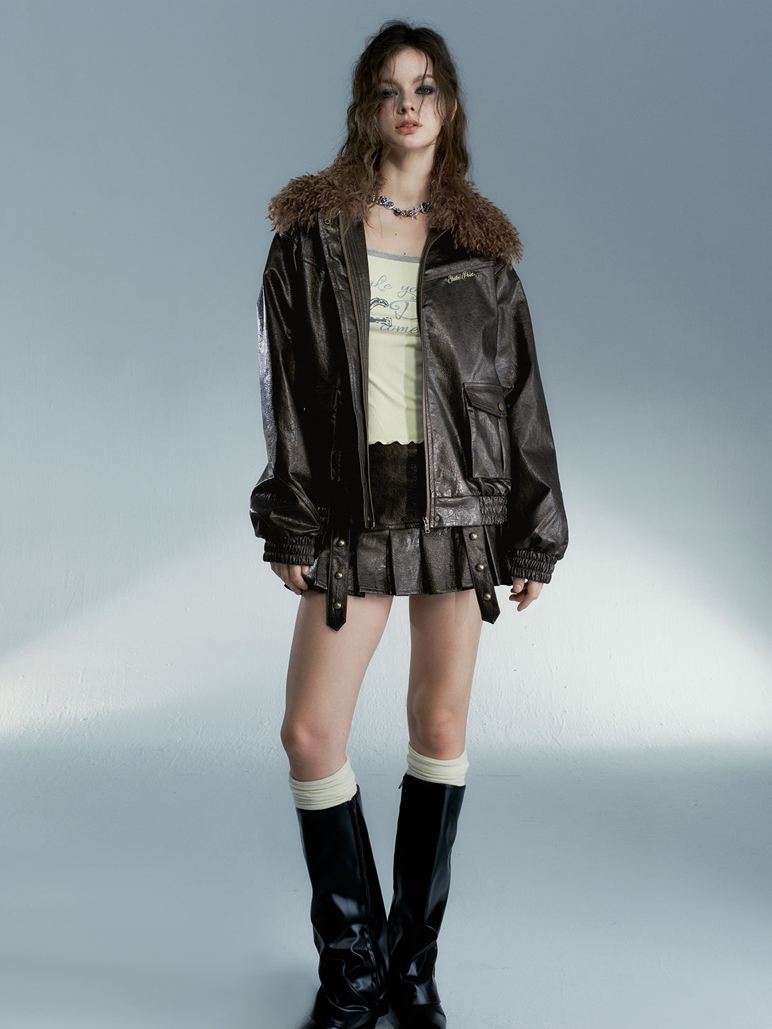 Abnehmbares Plüschkragen lose Lederjacke