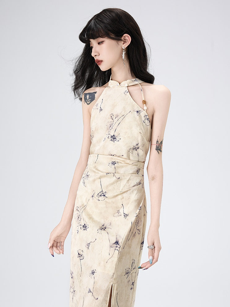 Floral American Sleeve Cheongsam Long Dress