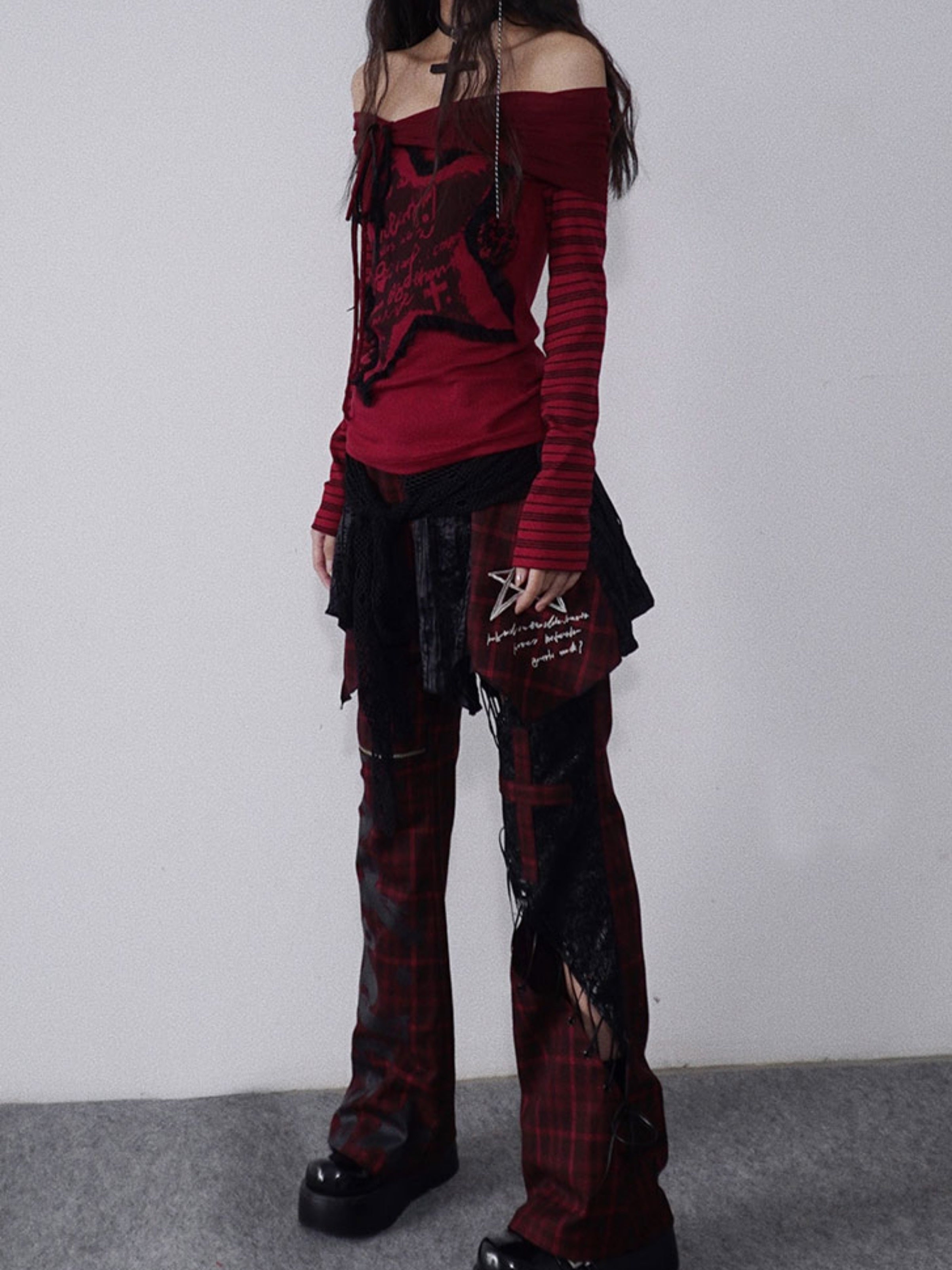 Pantalon à point à cuir à carreaux creux à lanière