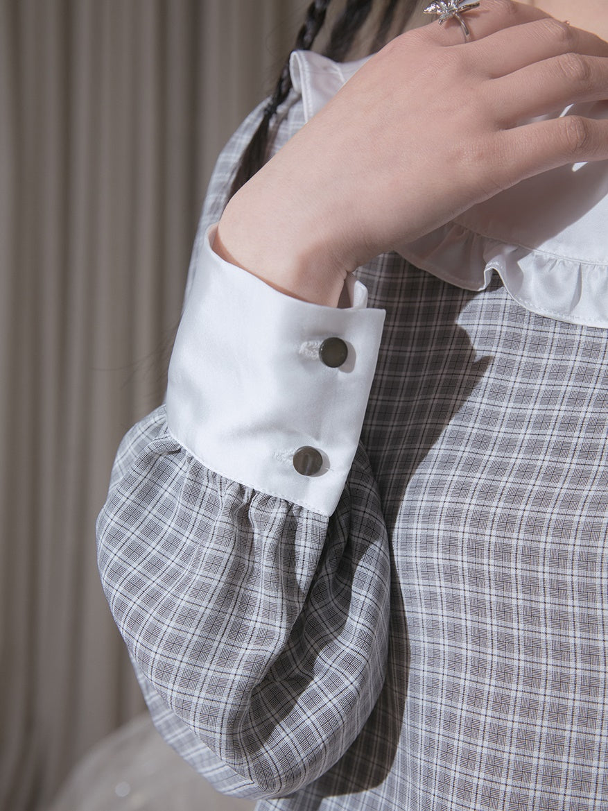 Contrast Color Plaid Shirt & Asymmetry Skirt Set-up