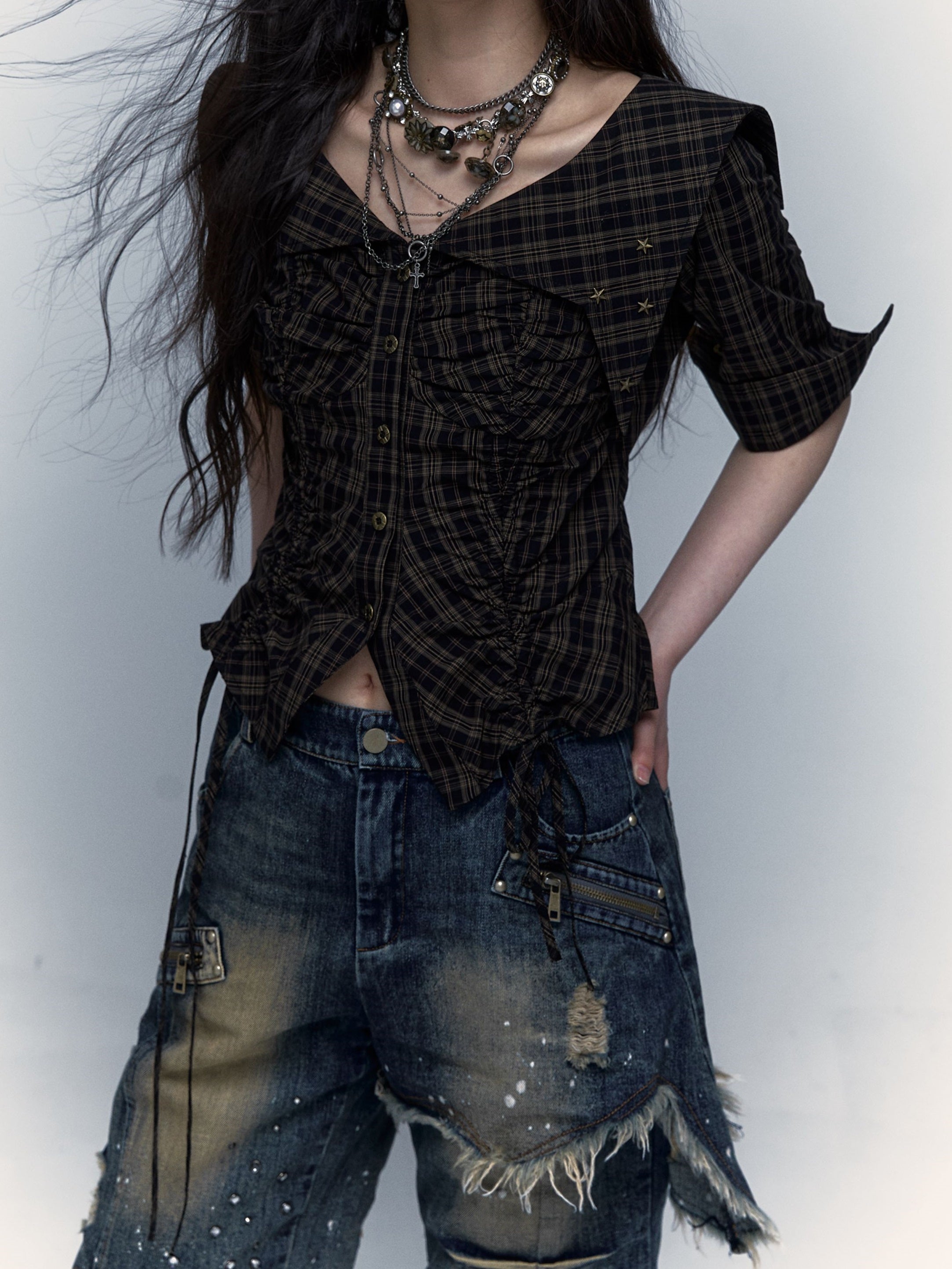 Palace Distressed Pleated Plaid Short Mid-sleeve Shirt