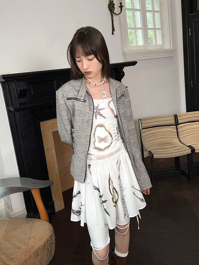 Jacquard Zipper Short Jacket & Low Waist Long Skirt