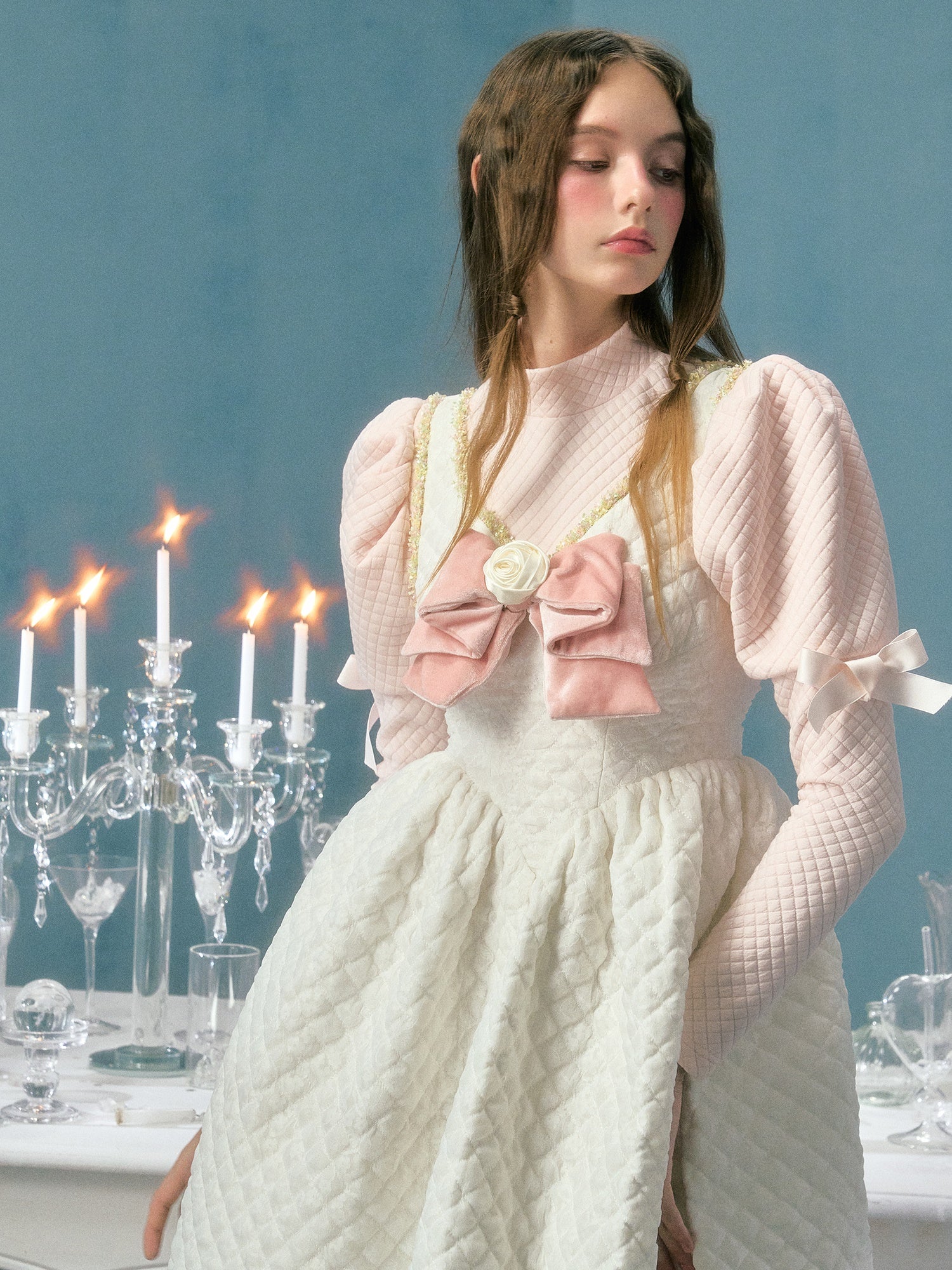 Lace Bow Flower Decoration Padded Suspender Dress & Puff Sleeve Top