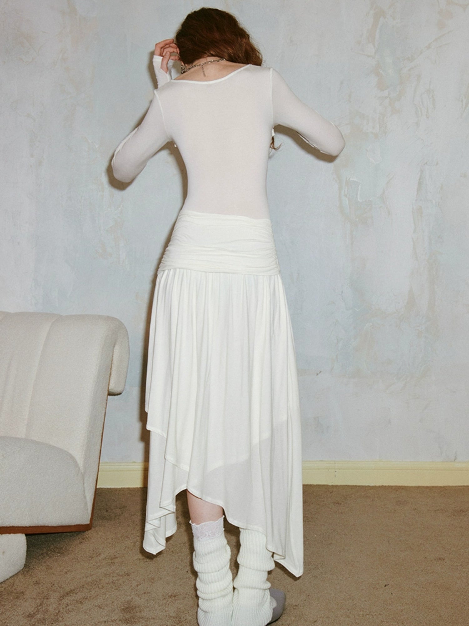 Classic Pleated Stitch Long-sleeved Sheer Dress