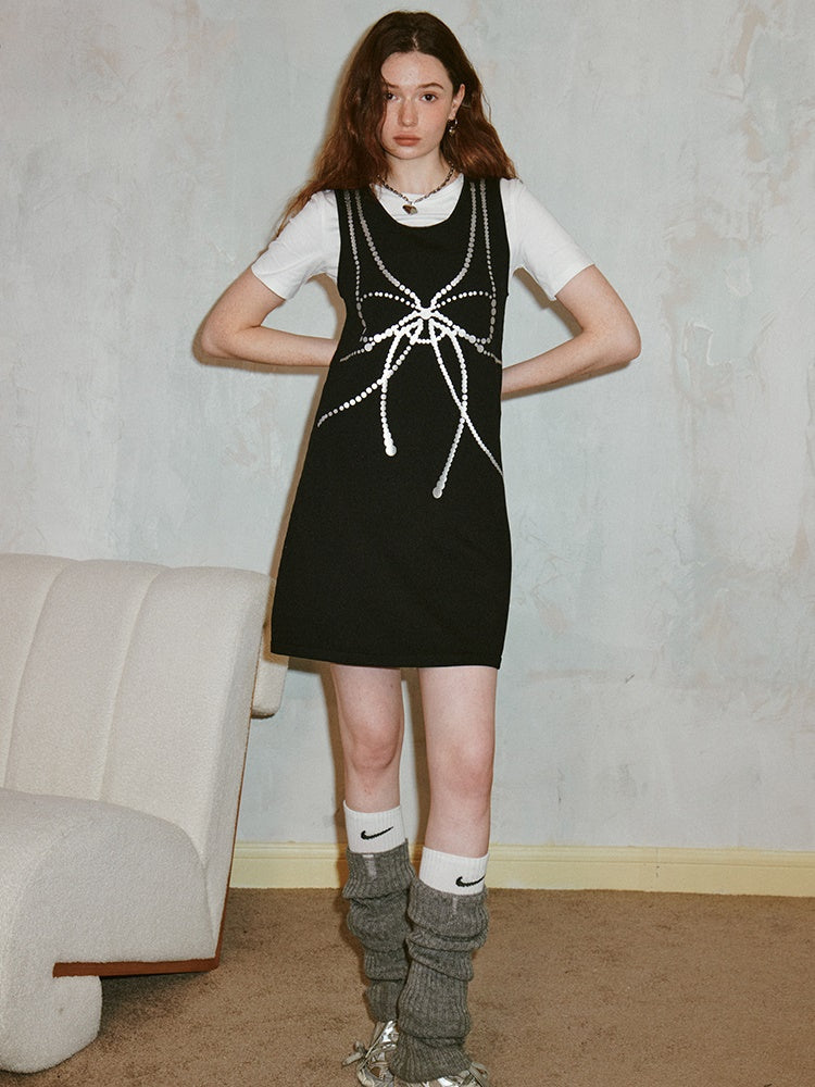Bow Pearl Print Sleeveless One-piece