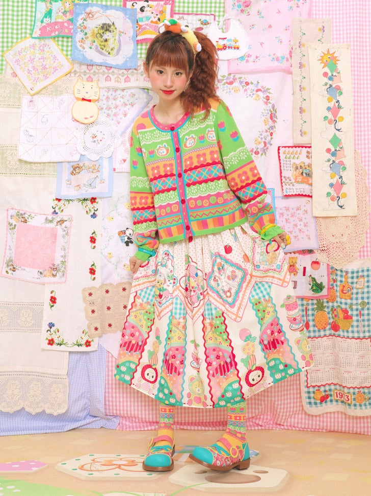 스트라이프 버니 체크 라운드 넥 니트 가디건